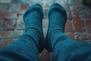 A close-up image of a person's feet wearing blue socks on a textured brick floor. Suitable for concepts related to comfort, relaxation, and home interior design