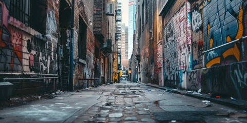 An image of a narrow alley with vibrant graffiti covering the walls. This picture can be used to depict urban street art or to create an edgy and colorful atmosphere in design projects
