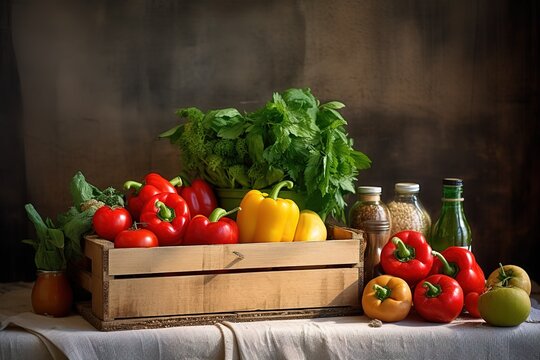 Fresh Vegetables in wooden box on wooden background