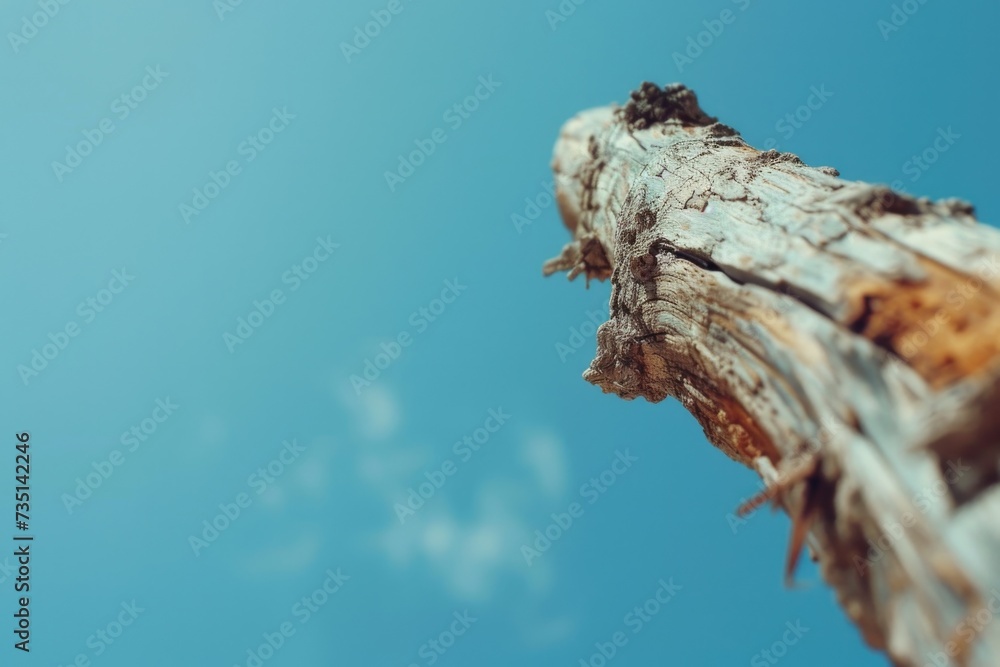 Poster a picture of a dead tree with a clear blue sky in the background. suitable for various uses