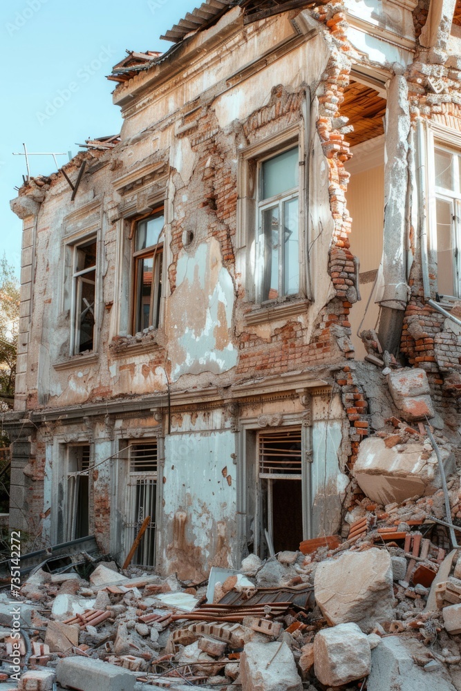 Aufkleber a picture of a building that has been torn down and is in the process of being demolished. can be us