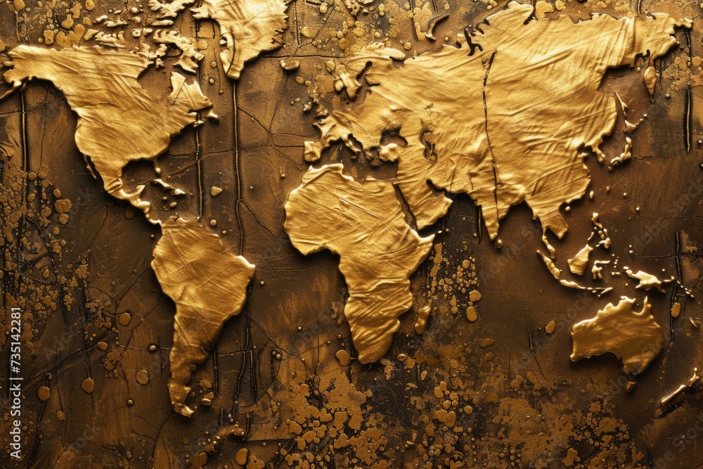Poster a golden map of the world displayed on a wall. suitable for travel-related projects and educational 