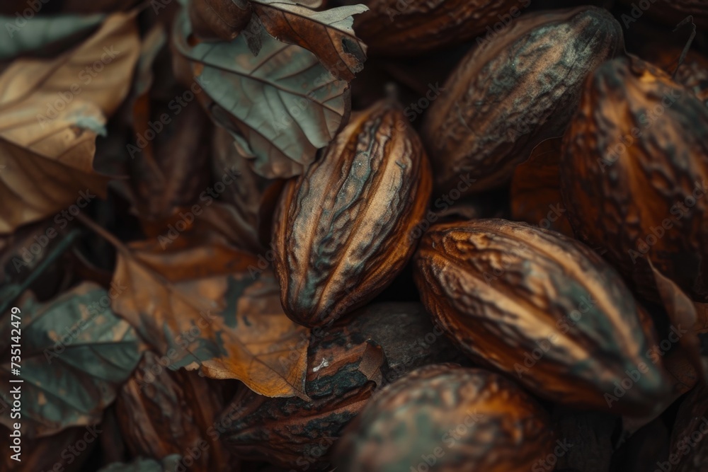 Poster a pile of cocoa beans sitting on top of a pile of leaves. can be used to depict the raw ingredients 