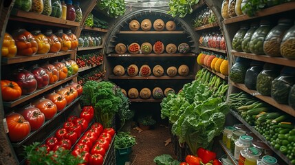 underground cellar with various food supplies for survival and wintering concept: nuclear war, people in a bunker, food, nuclear winter - obrazy, fototapety, plakaty