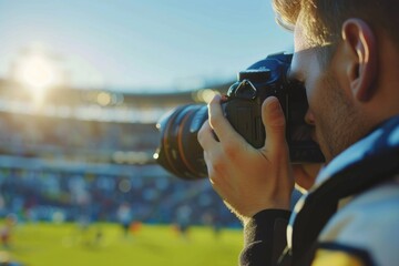 A man captures the excitement of a soccer game with his camera. Perfect for sports photography or...