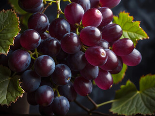 Fototapeta premium Pink grapes Generative AI. A bunch of pink grapes with leaves on a dark background. Pink grapes on a background of green leaves. AI illustration