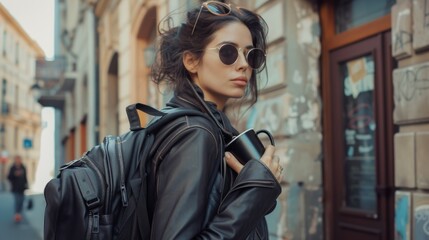 A woman wearing a black leather jacket and sunglasses. This image can be used to portray a cool and stylish look - obrazy, fototapety, plakaty