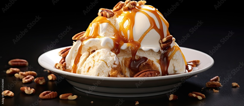 Poster scoops of vanilla ice cream with pecans and caramel sauce. creative banner. copyspace image