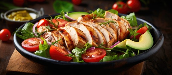 Trendy salad Chicken grilled fillet with salad fresh tomatoes and avocado Healthy food ketogenic diet diet lunch concept Keto Paleo diet menu Top view overhead banner. Creative Banner