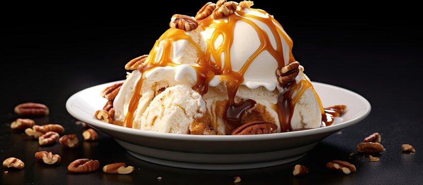 scoops of vanilla ice cream with pecans and caramel sauce. Creative Banner. Copyspace image