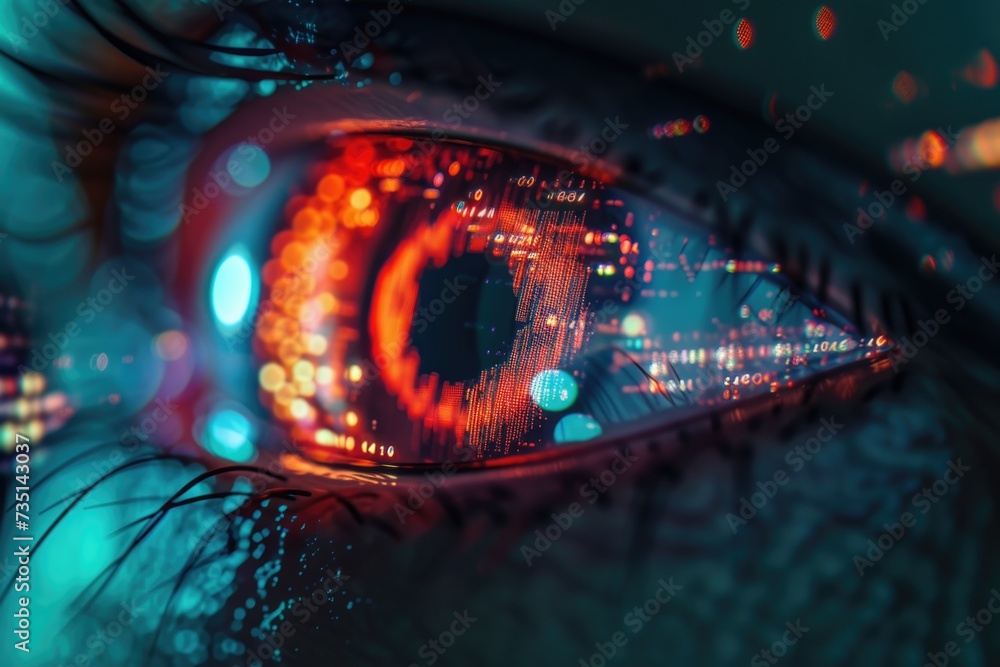 Poster close up of a person's eye with a city in the background. suitable for various uses