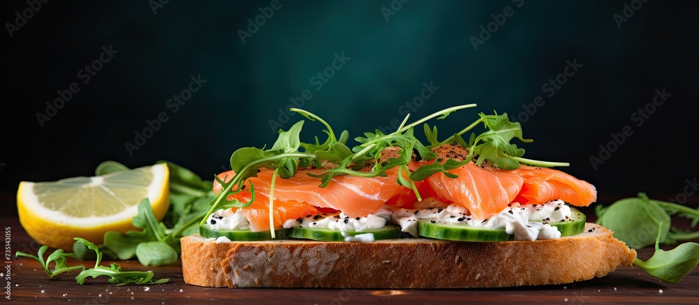Poster tasty bruschetta with salmon salmon toast with cream cheese arugula and cucumber cube. creative bann