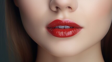 A close up of a woman's face with vibrant red lipstick. Perfect for beauty or fashion-related projects