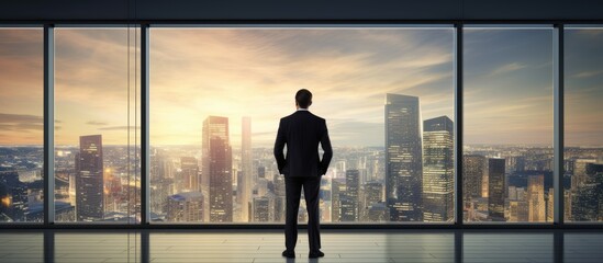 Perspective view businessman in black suit back view looking at blank light partition in empty spacious gallery hall with glossy concrete floor and city view from huge window mock up. Creative Banner