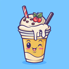 Cute Milk Shake with Cherry Fruit Drink Cartoon Vector Icon Illustration.