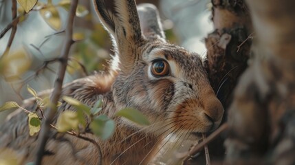 Naklejka na ściany i meble A close-up photograph of a rabbit perched on a branch of a tree. Suitable for nature and wildlife themes