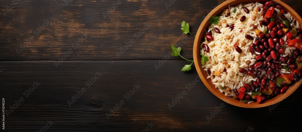 Poster Rice with red beans and vegetables in a bowl on the table horizontal view from above. Creative Banner. Copyspace image