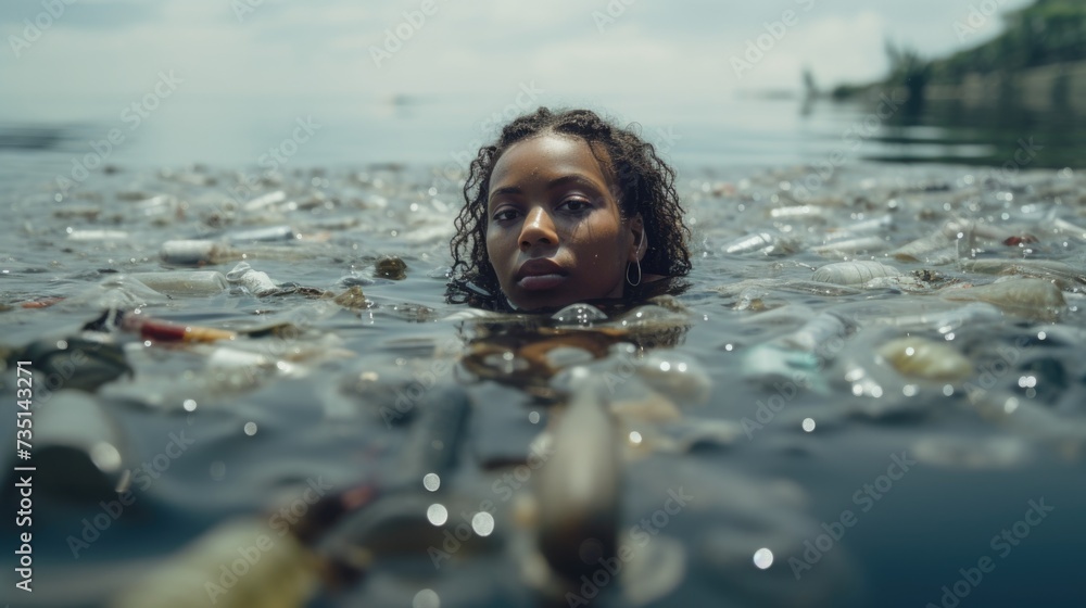 Poster a woman is seen standing in a body of water that is filled with garbage. this image can be used to h