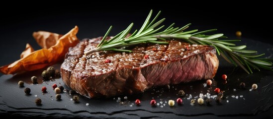 Succulent thick grilled beef steak trimmed for fat for a healthy diet on a griddle with a sprig of fresh rosemary and seasoned with salt and peppercorns. Creative Banner. Copyspace image - obrazy, fototapety, plakaty