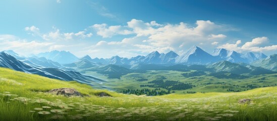 Fototapeta na wymiar nature in the open field reflects peace and tranquility a very quiet field mountains and plants ideal for relaxing. Creative Banner. Copyspace image