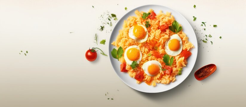Stir fried egg with tomato Scrambled eggs with tomatoes and cooked rice on white plate. Creative Banner. Copyspace image