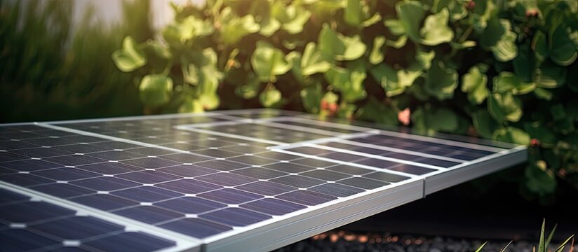 Small size solar cell panels in the garden Space for text. Creative Banner. Copyspace image