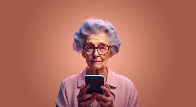 Mulher idosa com um Smartphone nas mãos acessando redes sociais.
