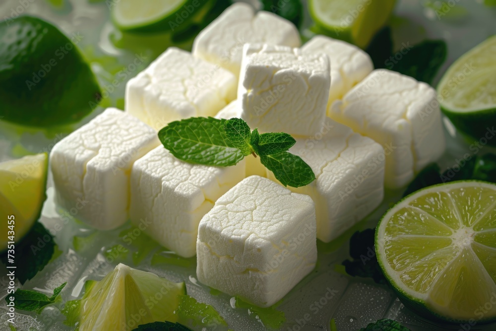Poster a pile of cheese cubes with lime slices, perfect for appetizers and snacks