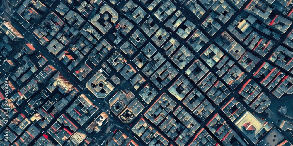 Poster a bird's-eye view of a bustling cityscape filled with numerous tall buildings. this image can be use