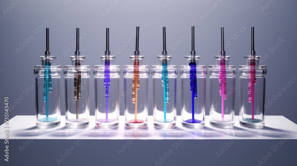 Poster A row of glass bottles filled with different colored liquids. Perfect for adding a pop of color to any project