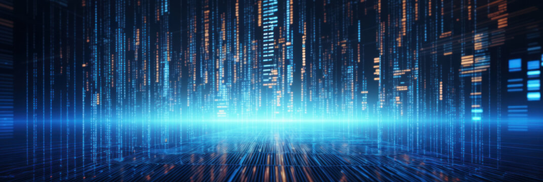 Abstract digital binary data with glowing lines and lights. Exploring futuristic technology and cyber connectivity through illuminated code and network structures