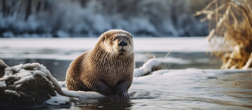 River Otter on the Bank of the Sacramento River in Winter. Creative Banner. Copyspace image