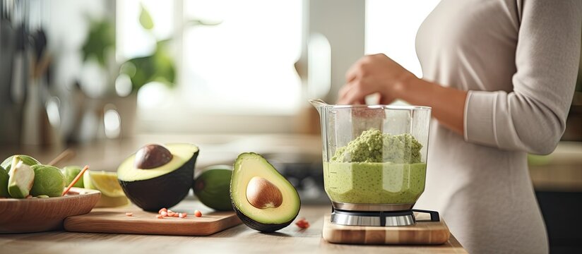 Mature woman cutting avocado for healthy smoothie in kitchen closeup. Creative Banner. Copyspace image