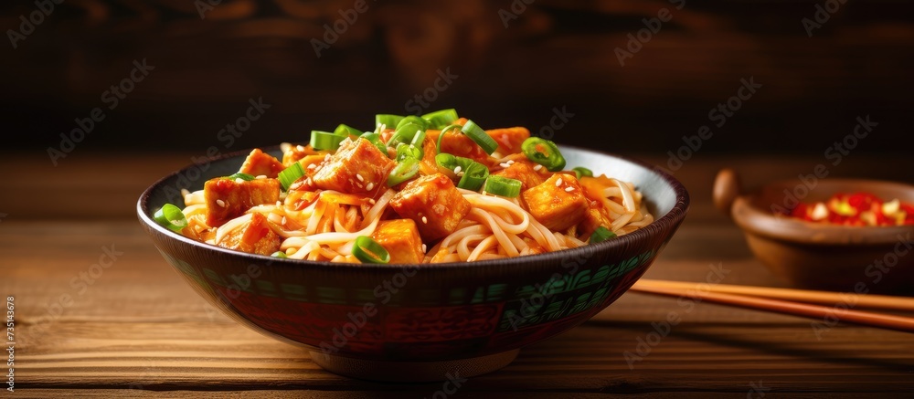 Aufkleber schezwan or szechwan hakka noodles with paneer or cottage cheese served in a bowl selective focus. c