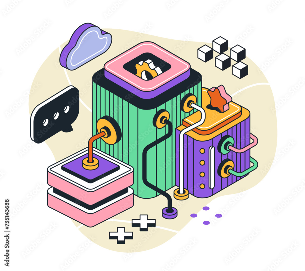 Aufkleber creative process isometric linear metaphor. production of ideas, brainstorming. start up and busines
