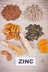 Healthy food and various ingredients containing natural zinc and other vitamins and minerals