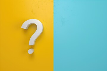 A white question mark painted on a vibrant yellow and blue wall. Perfect for conveying curiosity and uncertainty. Ideal for use in educational materials, presentations, and advertisements - obrazy, fototapety, plakaty