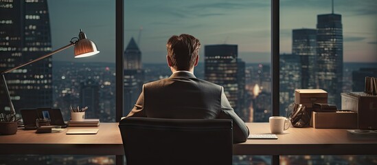 Rear view of a male office worker relaxing at desk. Creative Banner. Copyspace image - Powered by Adobe