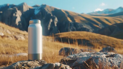 A white water bottle placed on top of a rocky hill. Perfect for outdoor adventure and hydration concepts
