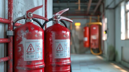 Two red fire extinguishers sitting next to each other. Can be used to illustrate fire safety or emergency preparedness