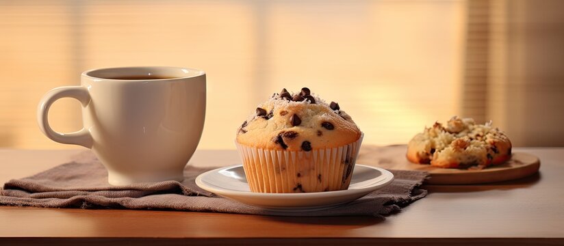 Selwctive focus chocolate muffin with choco chip served with a cup of tea. Creative Banner. Copyspace image