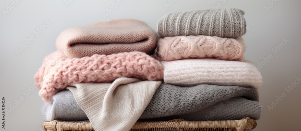 Poster pile of various woolen knitted blankets sweaters in pastel colors folded on a small round table on n