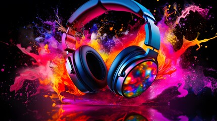 Headphones over Neon splashing wih vibrant colours, dynamic music blaster
