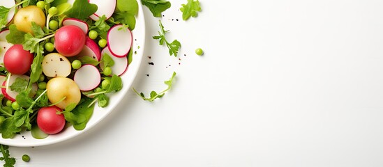 Obraz na płótnie Canvas Summer potato and pea salad with arugula and radish in a white bowl top view Vegan recipe. Creative Banner. Copyspace image