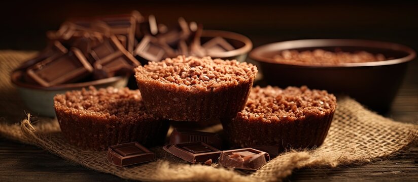 puffed and crisp rice treats with milk chocolate made in tart tin on rustic hessian. Creative Banner. Copyspace image