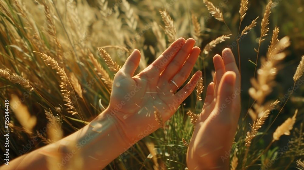 Aufkleber a person's hand reaching for something in a field of tall grass. can be used to represent curiosity,