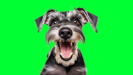 Portrait photo of smiling Miniature Schnauzers on green background