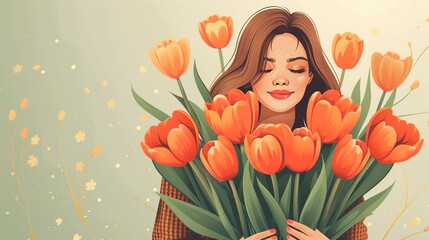 8 march, happy women's day, girl illustration with flowers, feminine, generative ai - obrazy, fototapety, plakaty