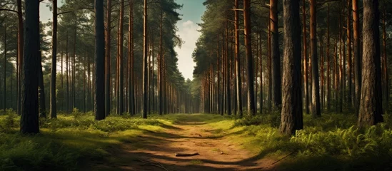 Photo sur Plexiglas Route en forêt Pine forest trail landscape Trail in pine grove. Creative Banner. Copyspace image
