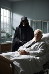 Senior patient lying on bed and grim reaper waiting. Concept of death in hospital.
